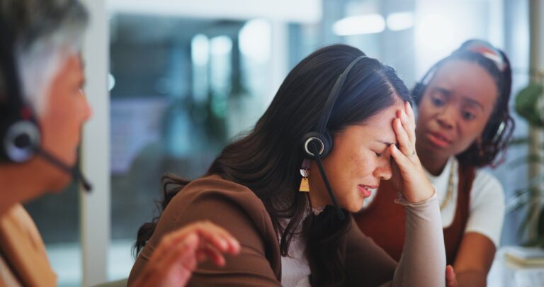 Business people, women and mistake with telemarketing, anxiety and error with startup failure, burn